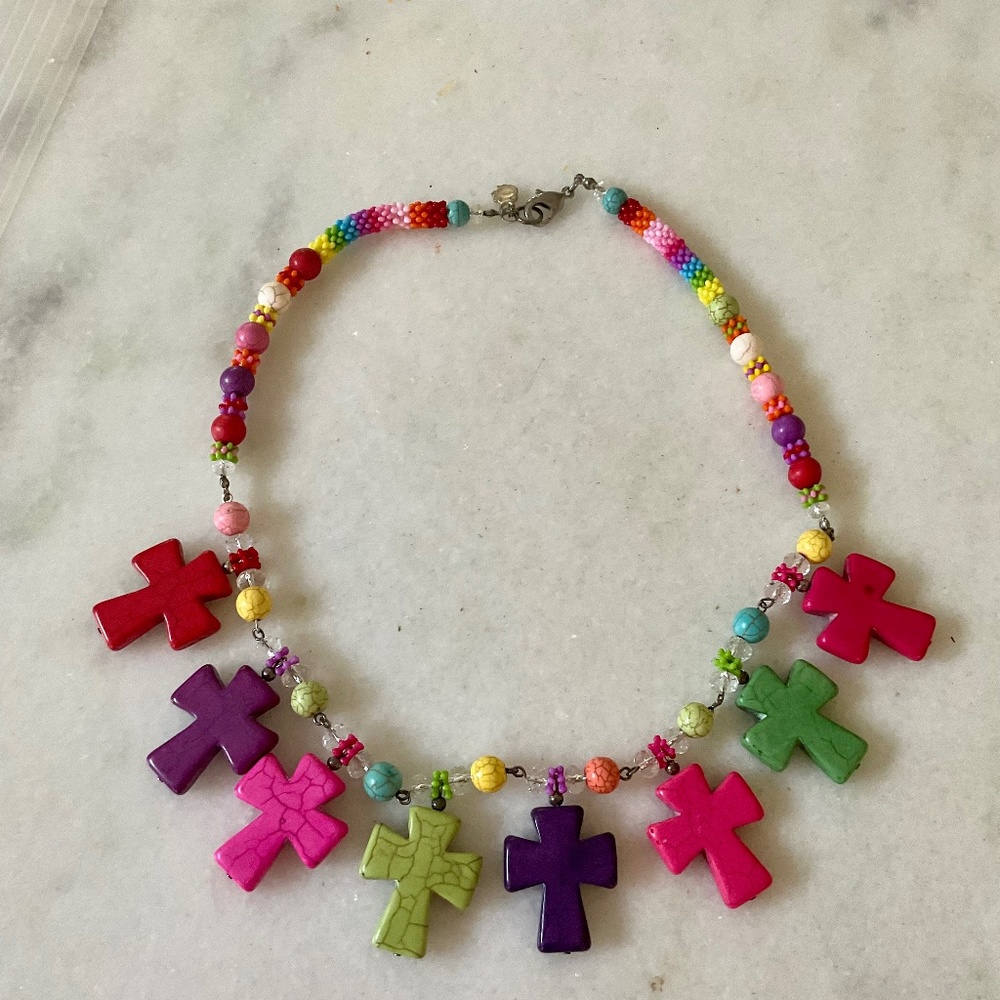 NECKLACE MULTI COLORED  CROSS CROSSES HAND STRUNG  CRYSTAL SPACERS OOAK